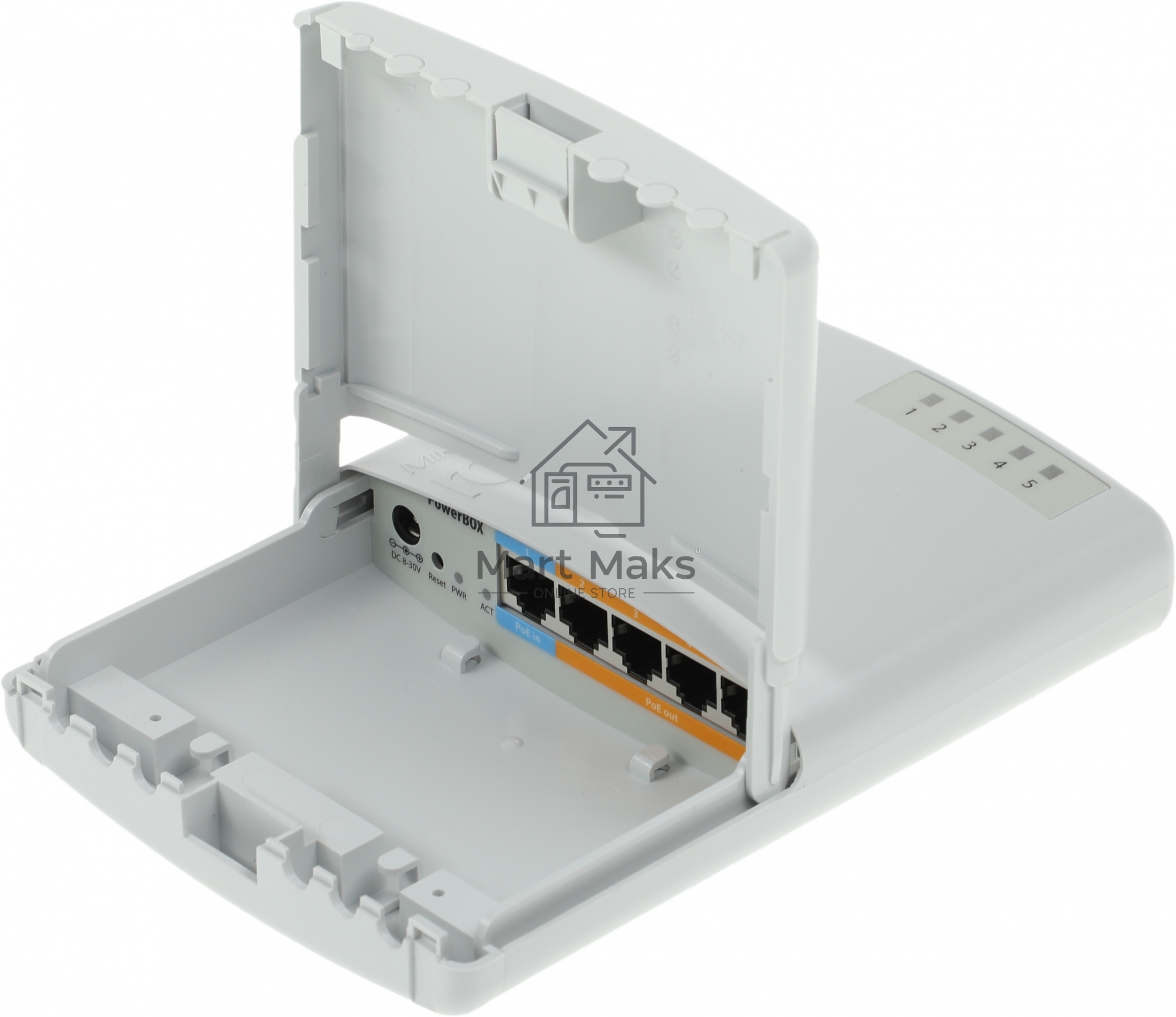 Маршрутизатор MikroTik RB750P-PBr2 PowerBox with 650MHz CPU, 64MB RAM, 5xLAN (four with PoE out), RouterOS L4, outdoor case, PSU, PoE, mounting set