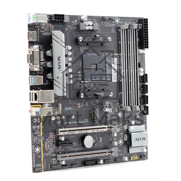 Материнская плата AFOX B550-MA-V2, AM4, AMD B550, 2xDDR4, 1xPCI-E 4.0 x16, 1xPCI-E 4.0 x4, 1xM.2, 4xUSB-A 3.2 Gen 1, 1xHDMI, 1xVGA, 1xDVI-I, 1x 1Gb LAN, 3x3.5 мм, 5.1, microATX