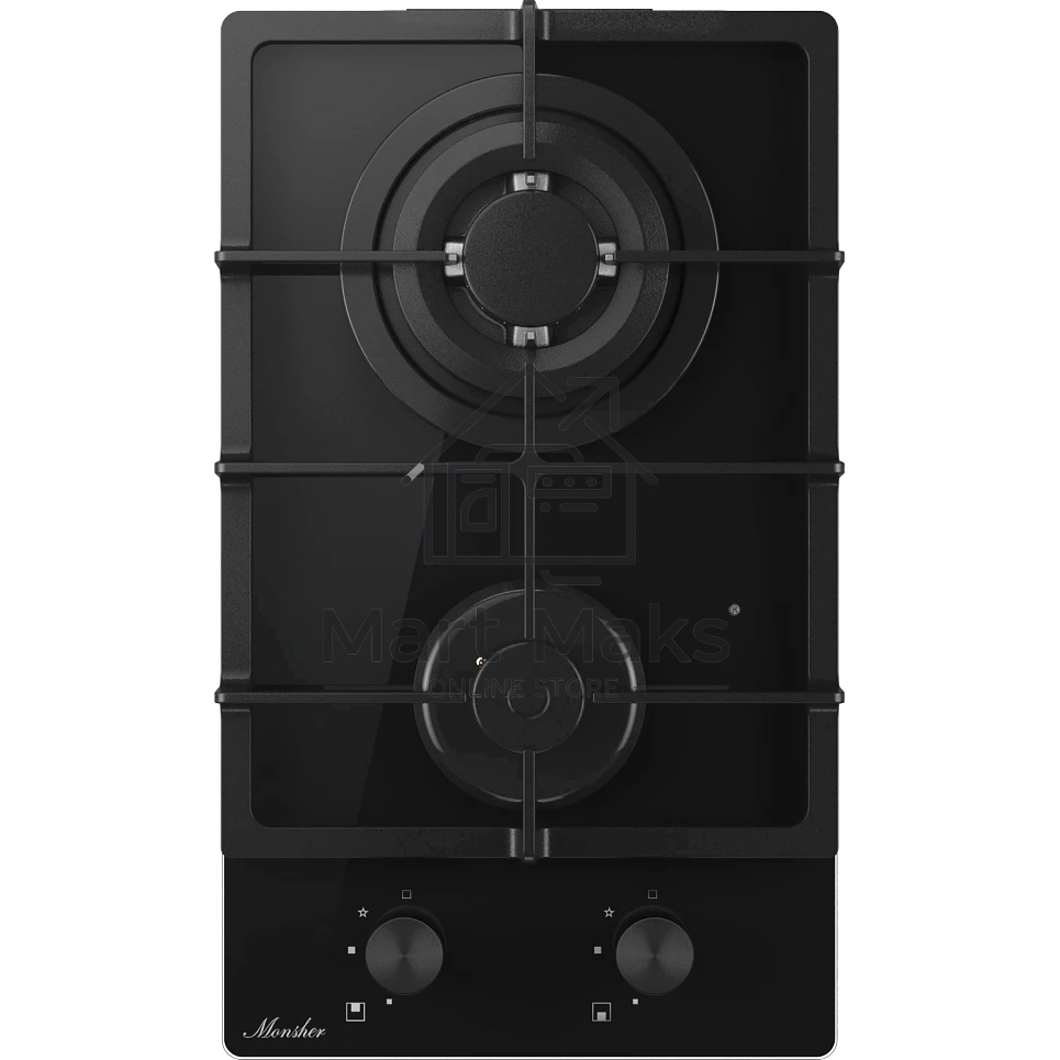 Варочная поверхность MONSHER MGG 33 NoirR, газ, High-Tech, 30 см, автоматический электроподжиг, газ-контроль, форсунки под сжиженый газ, SABAF конфорки, чугунные решетки, цвет черный