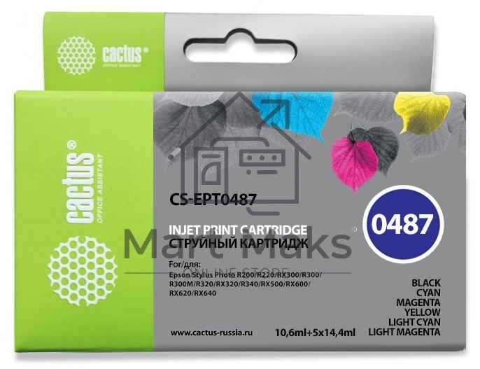 Картридж струйный Cactus CS-EPT0487 многоцветный (88 мл) для Epson Stylus Photo R200/R220/R300/R320/R340/RX500/RX600/RX620/RX640