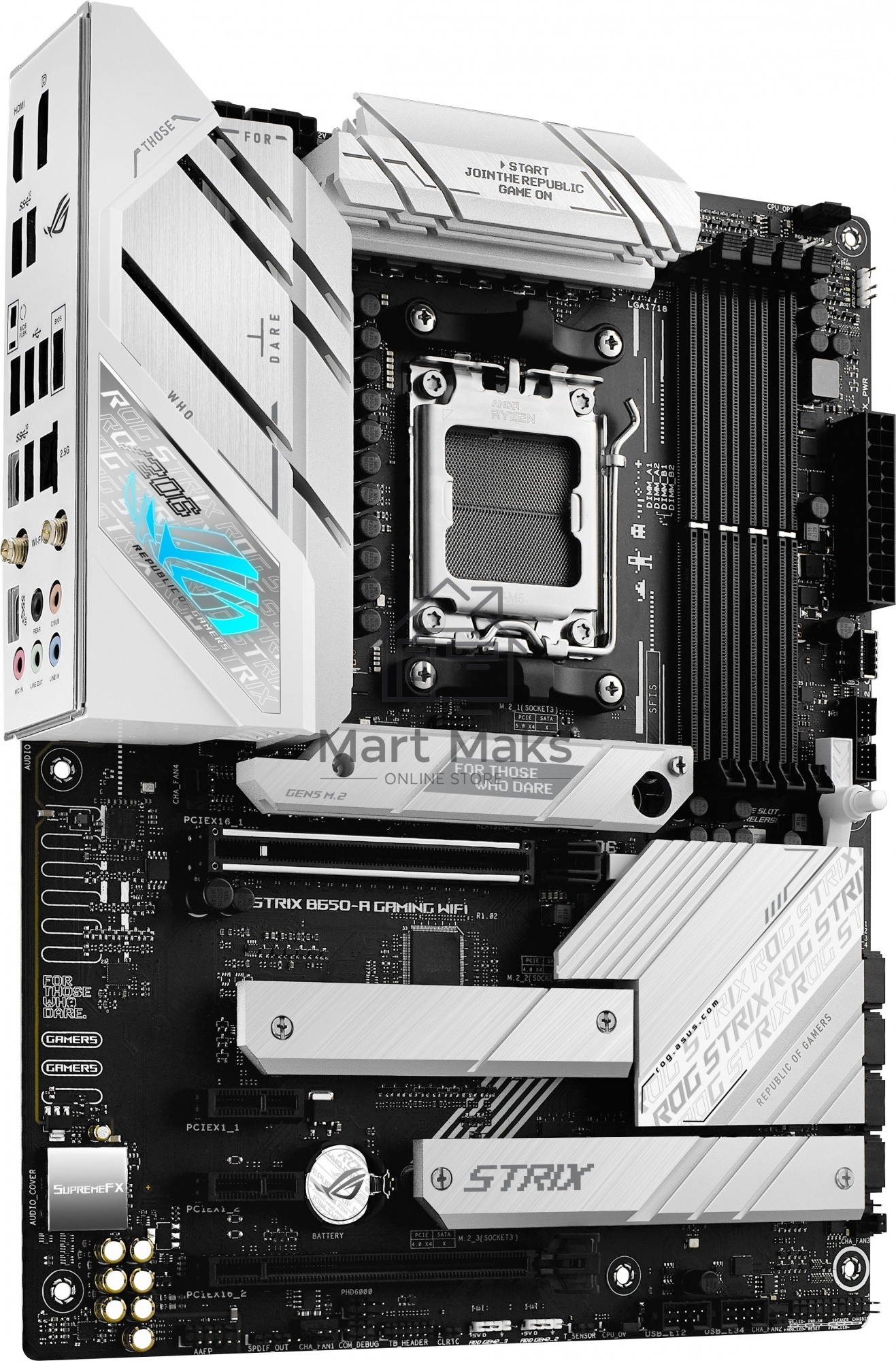 Материнская плата ASUS ROG STRIX B650-A GAMING WIFI, AM5, AMD B650, 4xDDR5, 4xSATA, 3xM.2, 1xPCIe 4.0 x16, 1xPCIe 4.0 x4, 1xHDMI, 1xDP, 1x 2.5Gb LAN, 3xUSB-A 3.2 Gen 2, 4xUSB 2.0, 5x3.5 мм, 7.1, Standard-ATX