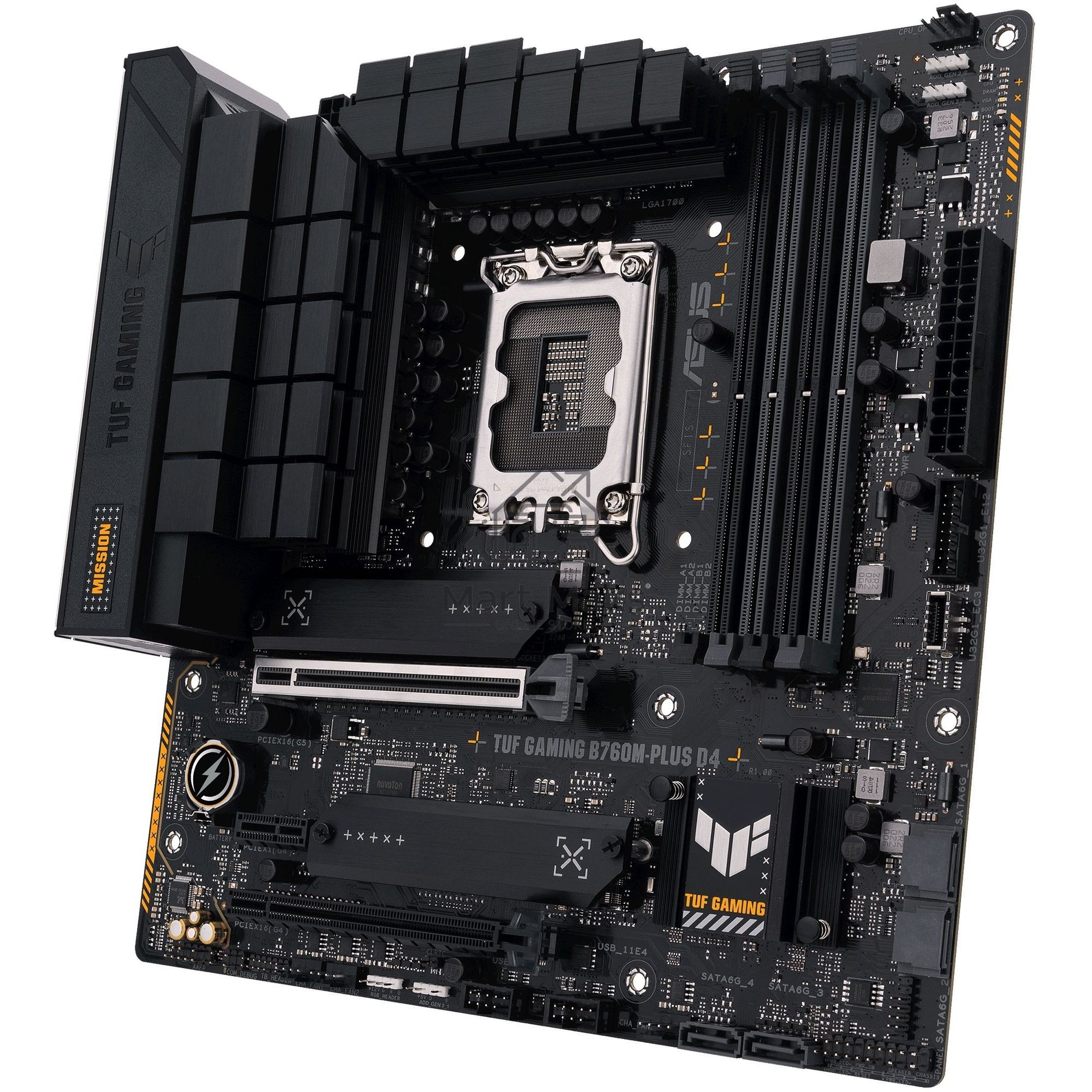 Материнская плата ASUS TUF GAMING B760M-PLUS D4, LGA1700, Intel B760, 4xDDR4, 4xSATA, 2xM.2, 1xPCIe 5.0 x16, 1xPCIe 4.0 x4, 1xPCIe 4.0 x1, 1xDP, 1xHDMI, 1x2.5Gb LAN, Wi-Fi, Bluetooth, 1xUSB-C 20Gbps, 4xUSB-A 10Gbps, 1xUSB-A 5Gbps, 2xUSB-A 2.0, 5x3.5 мм, 7