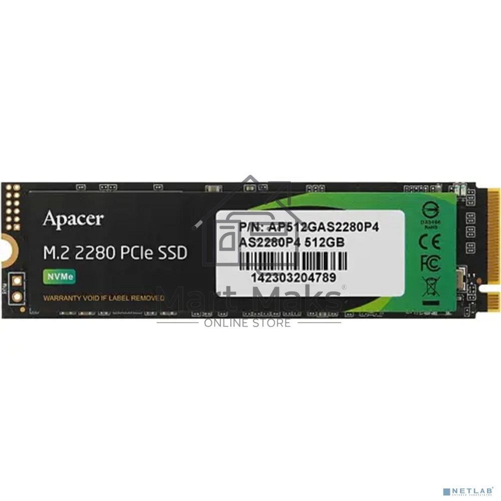 Накопитель SSD Apacer AS2280P4, 512Gb, M.2 2280, PCIe 3.0 x4, NVMe, R/W 2100/1500