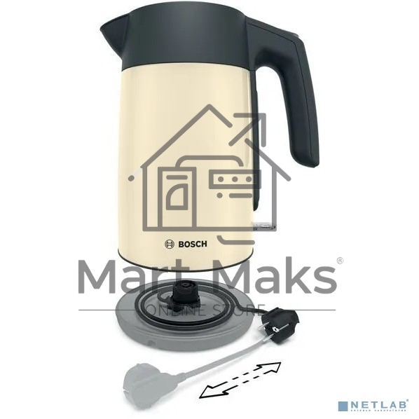 Чайник Bosch TWK7L467, 1.7л, 2400 Вт., нерж.сталь, покрытая эмалью, бежевый, шкала уровня воды