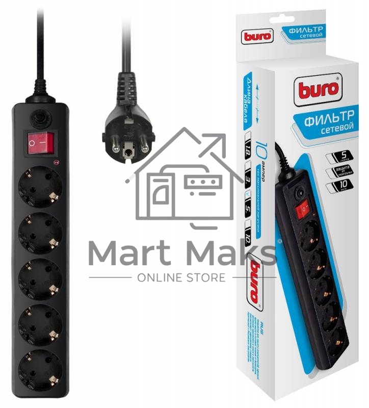 Сетевой фильтр Buro 500SH-5-B 5м (5 розеток) черный (коробка)