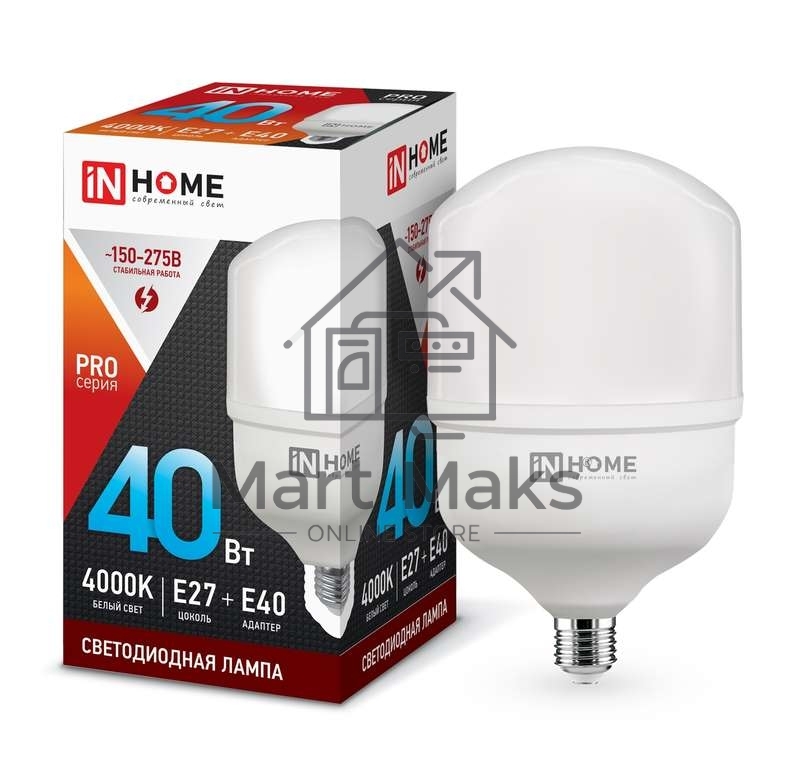 Лампа светодиодная LED-HP-PRO 40Вт 230В 4000К E27 3600лм с адаптером IN HOME 4690612031095
