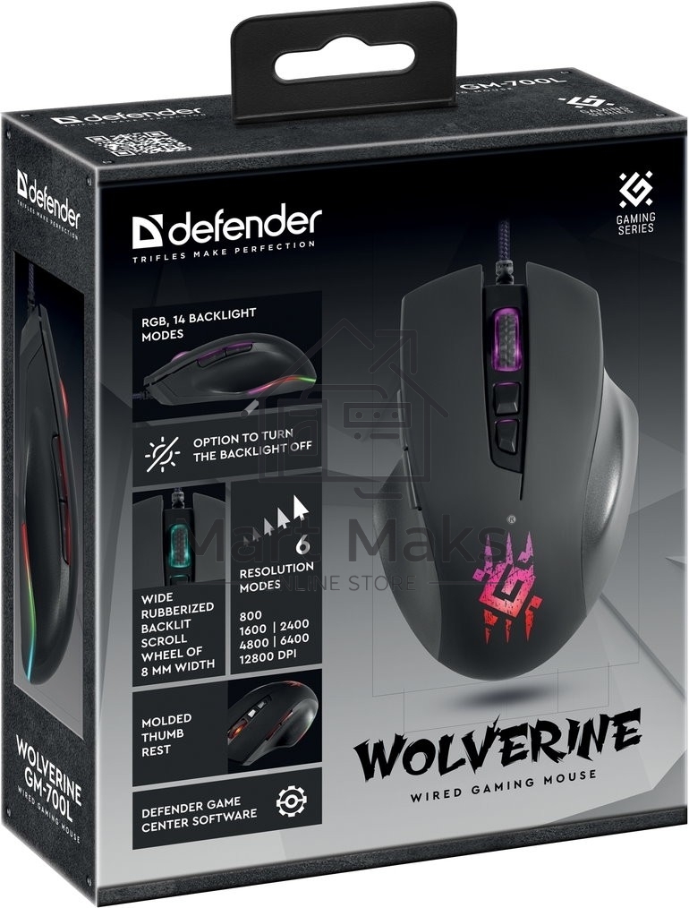 Мышь проводная Defender Wolverine GM-700L черный, 12800 dpi, USB, кнопки - 7