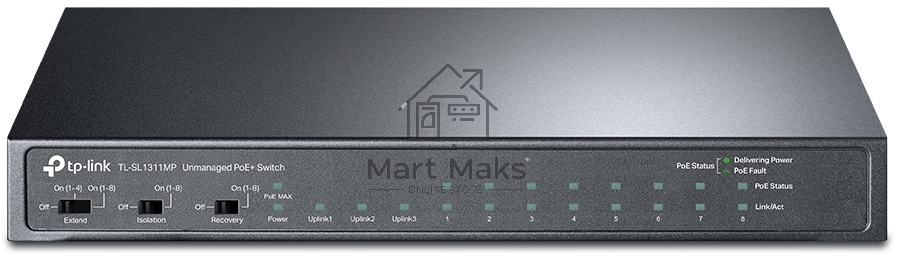 Коммутатор TP-Link 8-port 10/100Mbps Unmanaged PoE switch, 2 Gb RJ45 + 1 Gb SFP uplinks, PoE budget up to 124W