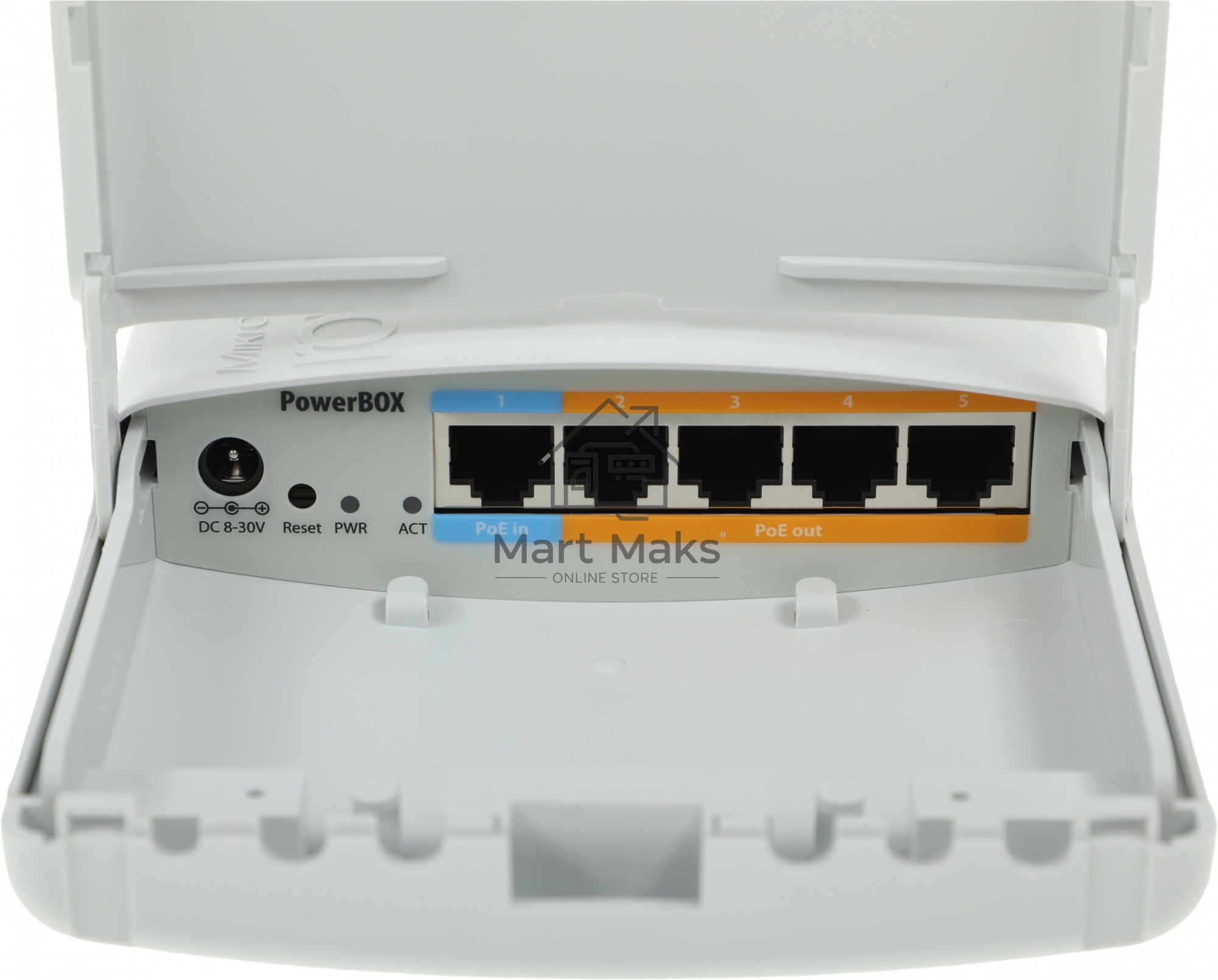 Маршрутизатор MikroTik RB750P-PBr2 PowerBox with 650MHz CPU, 64MB RAM, 5xLAN (four with PoE out), RouterOS L4, outdoor case, PSU, PoE, mounting set