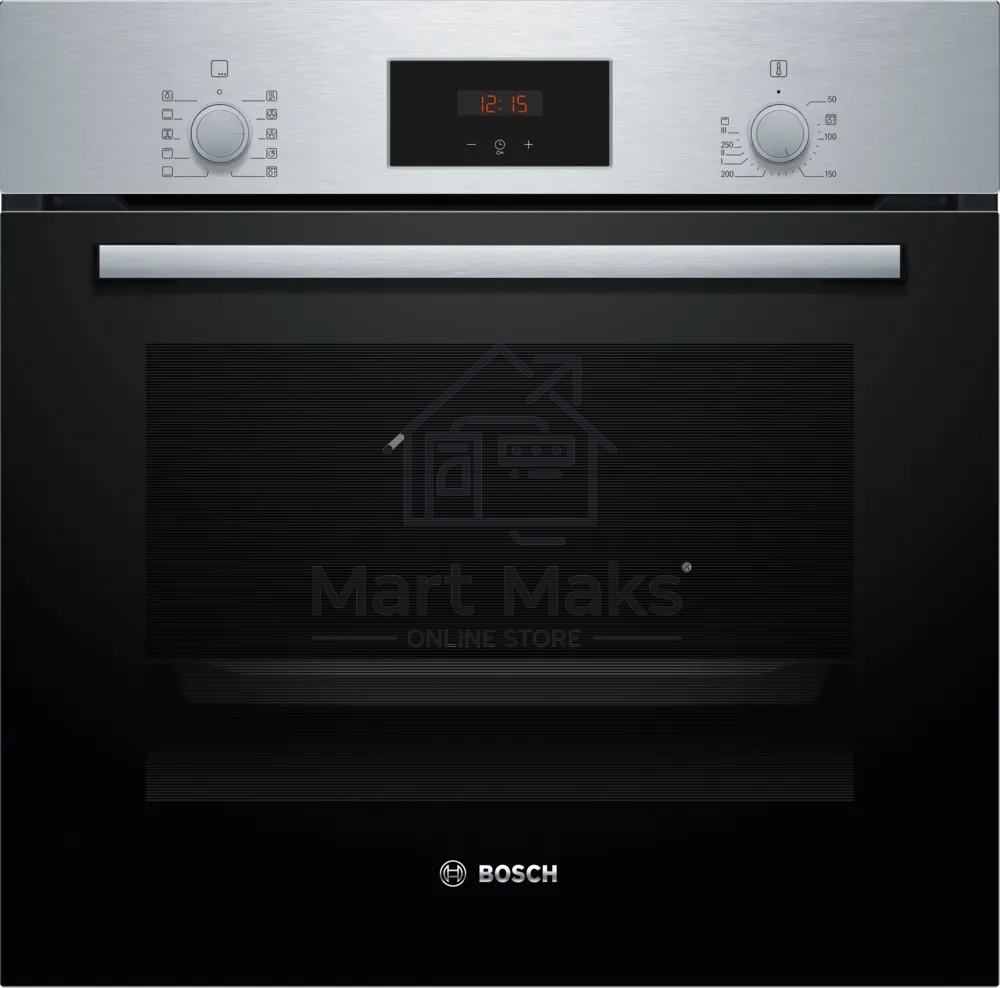 Духовой шкаф Bosch HBF512BS1T Serie 2, нержавеющая сталь, класс энергоэффективности А, 7 режимов, 3-х слойное остекление, LED-дисплей, утапливаемые переключатели, галогенное освещение, проволочные направляющие, сделано в Турции,
