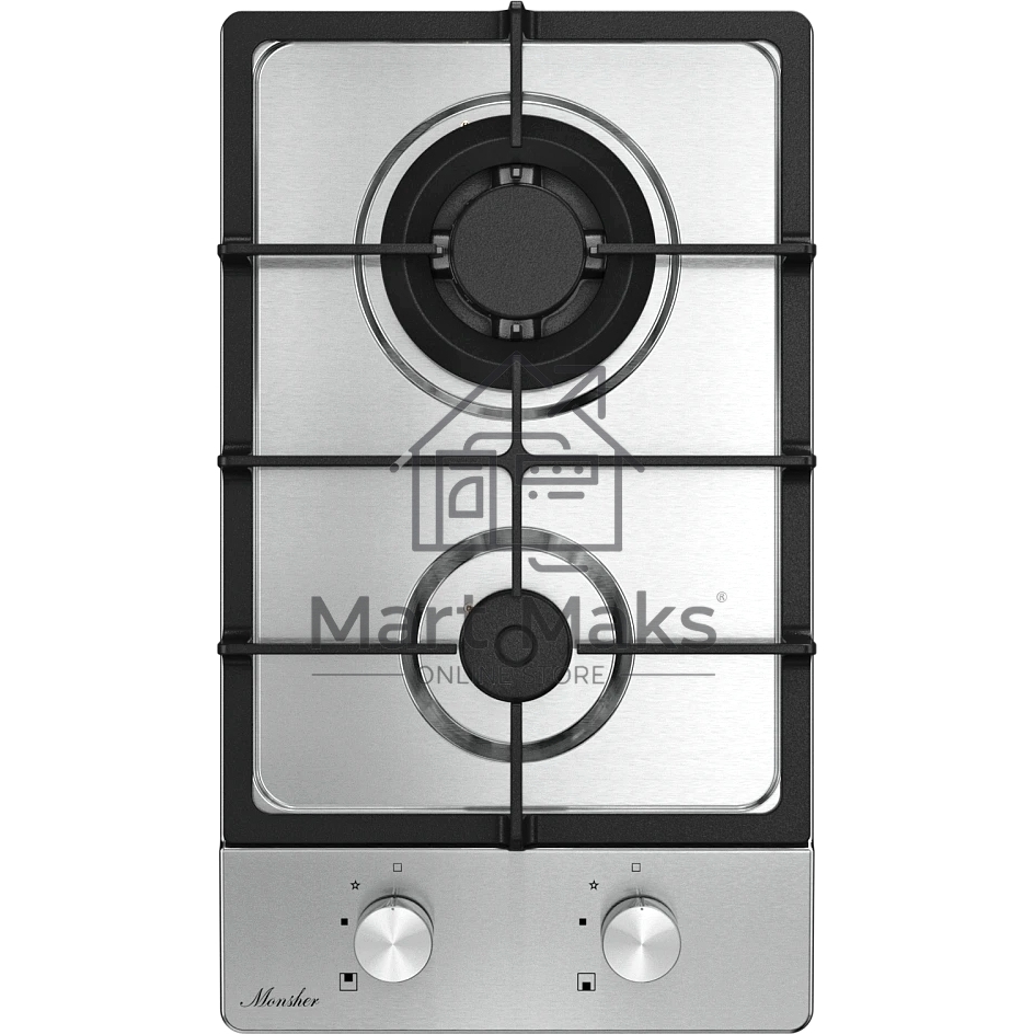 Варочная поверхность MONSHER MSG 33 Acier, газ, High-Tech, 29 см, автоматический электроподжиг, газ-контроль, форсунки под сжиженый газ, SABAF конфорки, чугунные решетки, нержавеющая сталь