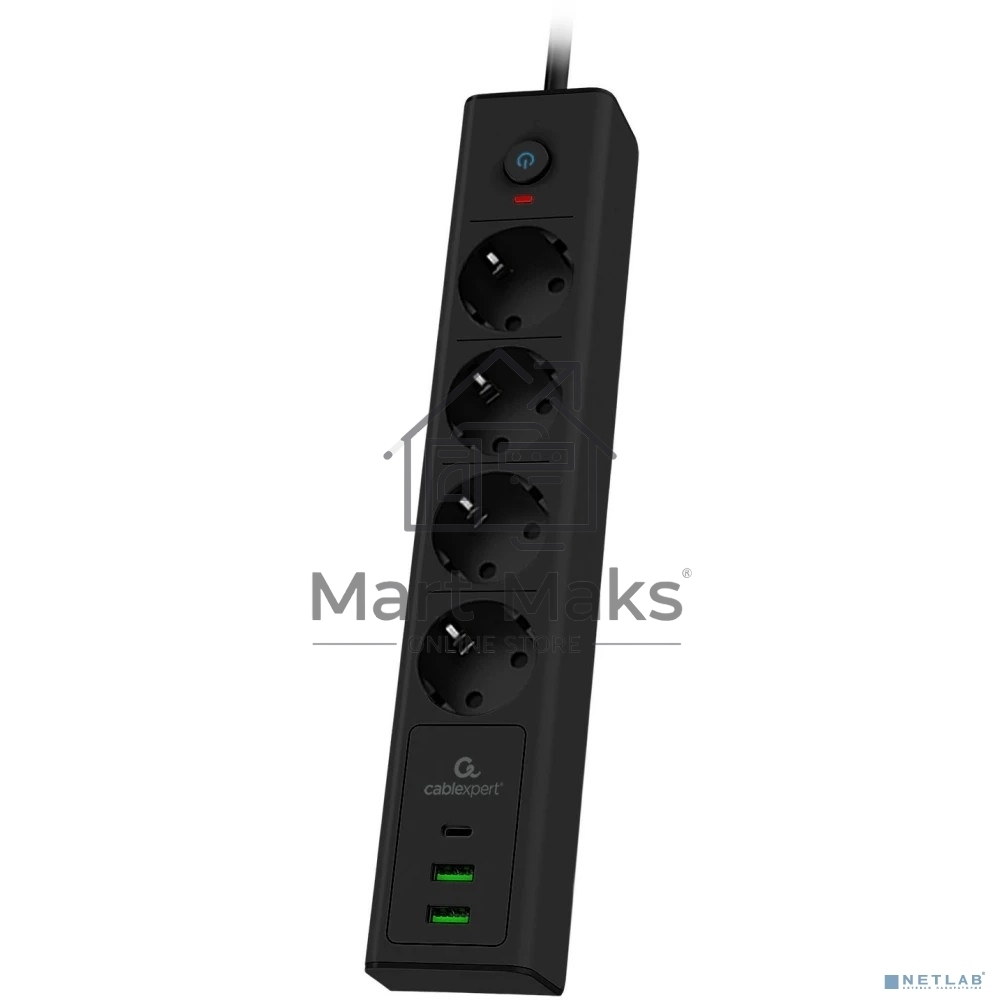Сетевой фильтр Cablexpert Exnovo, EXN-4-CU2-B-2, 4р,16А, 1xType-C PD, 30Вт, 2хUSB, 2м, ур.защиты 4+, черный, коробка