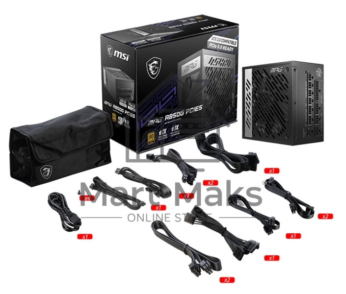 Блок питания MSI MPG A850G PCIE5 Retail, 850Вт, 80 PLUS Gold, 135мм, модульный, черный