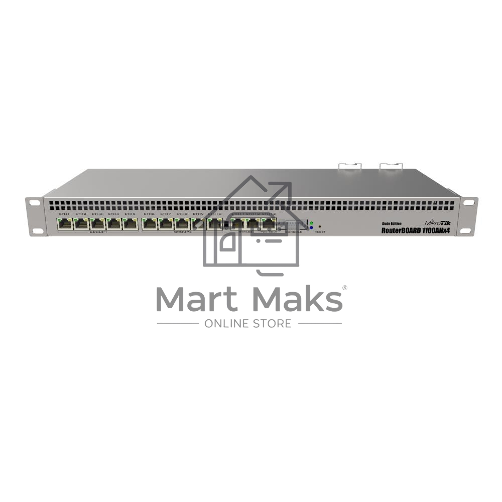 Маршрутизатор MikroTik RouterBOARD 1100Dx4 with Annapurna Alpine AL21400 Cortex A15 CPU (4-cores, 1.4GHz per core), 1GB RAM, 13xGbit LAN, 60GB M.2 drive, RouterOS L6, 1U rackmount case, Dual PSU
