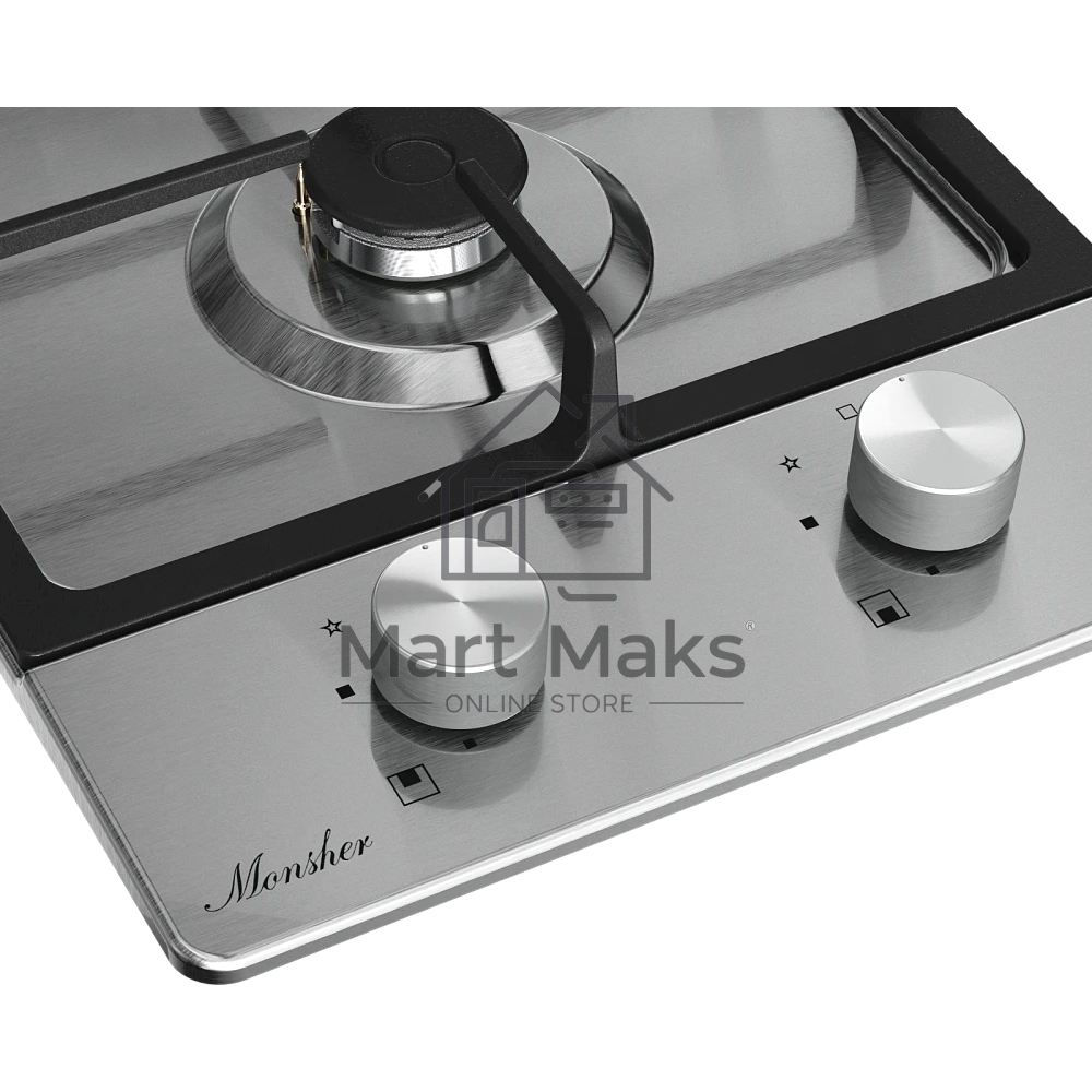 Варочная поверхность MONSHER MSG 33 Acier, газ, High-Tech, 29 см, автоматический электроподжиг, газ-контроль, форсунки под сжиженый газ, SABAF конфорки, чугунные решетки, нержавеющая сталь