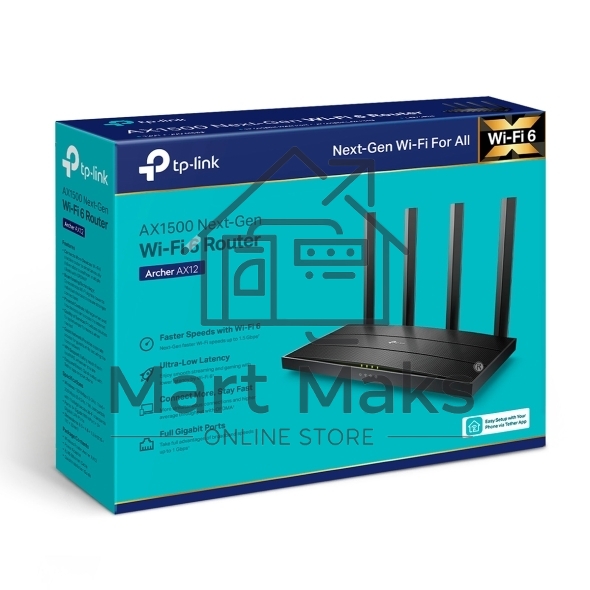 Роутер AX1500 Dual-Band Wi-Fi 6 RouterSPEED: 300 Mbps at 2.4 GHz + 1201Mbps at 5 GHzSPEC: 4× Antennas, 1GHz Dual Core CPU, 1× Gigabit WAN Port + 3× Gigabit LAN Ports, 1024-QAM, OFDMAFEATURE: Tether App, WPA3, Access Point Mode, IPv6 Supported, IPTV, Bea