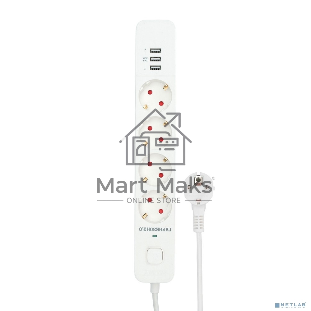 Сетевой фильтр Гарнизон 2.0 Мультипорт EPS-4-U3-W-2, 4 р, 10А, 3xUSB, 2м, ур.защиты 2+, белый, пакет