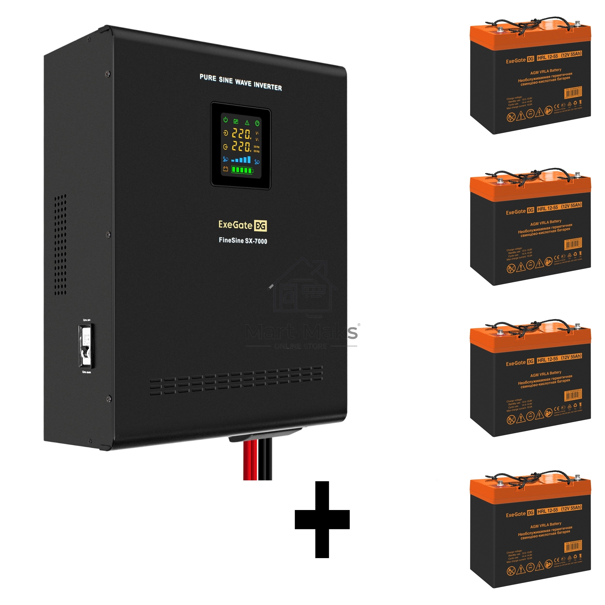 Комплект ИБП EX296005RUS + батарея 55Aч EX285652RUS 4шт (инвертор, синус, для котла, настенный) ExeGate FineSine SX-7000.LCD.AVR.2SH.T <7000VA/5000W, чистая синусоида, цветной LCD-дисплей, AVR, 2*Schuko+клеммы, линейно-интерактивный, крепление настенное, 