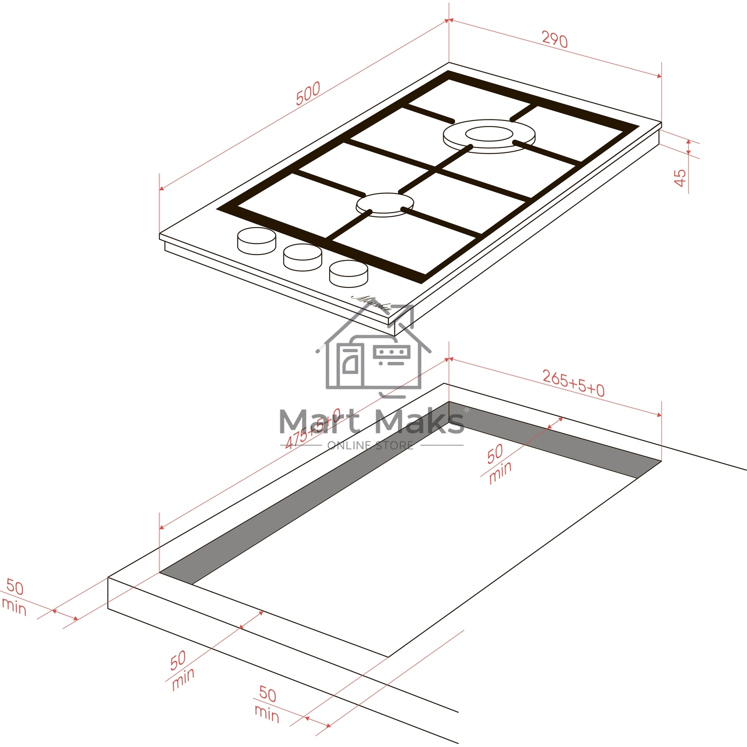 Варочная поверхность MONSHER MSG 33 Acier, газ, High-Tech, 29 см, автоматический электроподжиг, газ-контроль, форсунки под сжиженый газ, SABAF конфорки, чугунные решетки, нержавеющая сталь