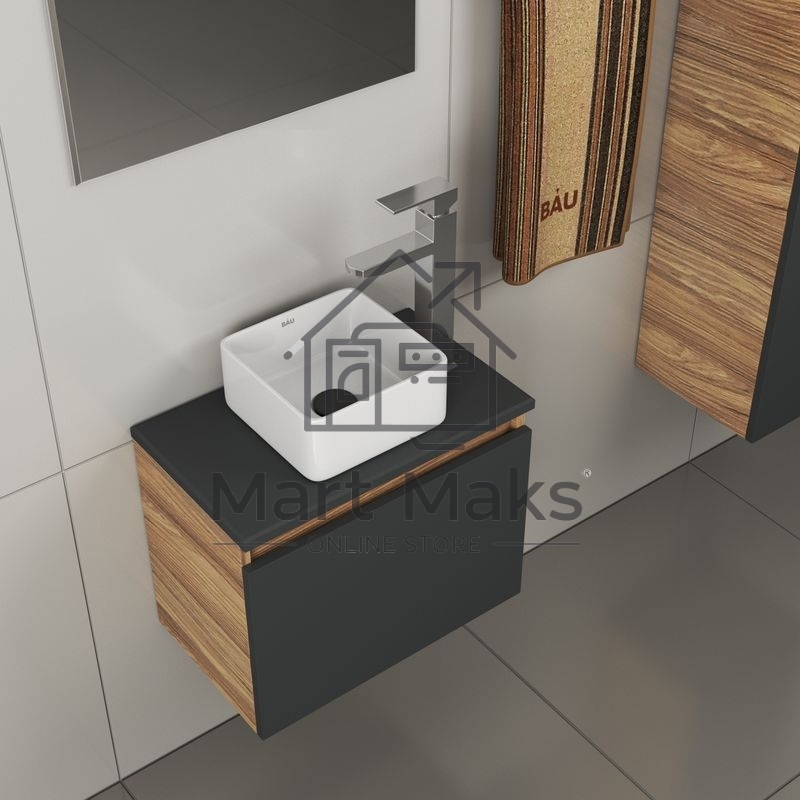 Комплект для ванной, 4 предмета (тумба Bau 50, графит + раковина BAU Hotel mini 24х24 + смеситель Hotel Still, выпуск клик-клак, черный)