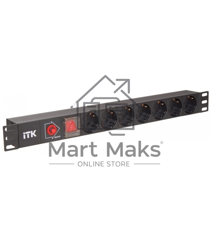 Блок розеток ITK PDU 7 розеток DIN49440 (нем. cтанд.) с LED выключателем, 1U, шнур 2м вилка DIN49441 (нем. станд.), профиль из ПВХ, черный