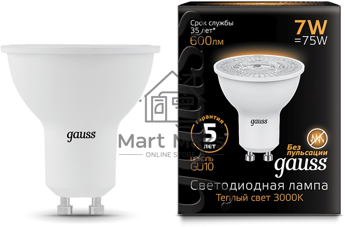 Лампа светодиодная Gauss Black 7Вт цок.:GU10 рефлек. 220B 3000K св.свеч.бел.теп. MR16 (упак.:10шт) (101506107)