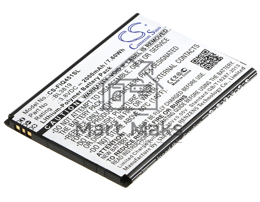 Аккумулятор CameronSino CS-FIQ451SL BL3819 для Fly IQ4514 Evo Tech 4 3.8V / 2000mAh / 7.60Wh