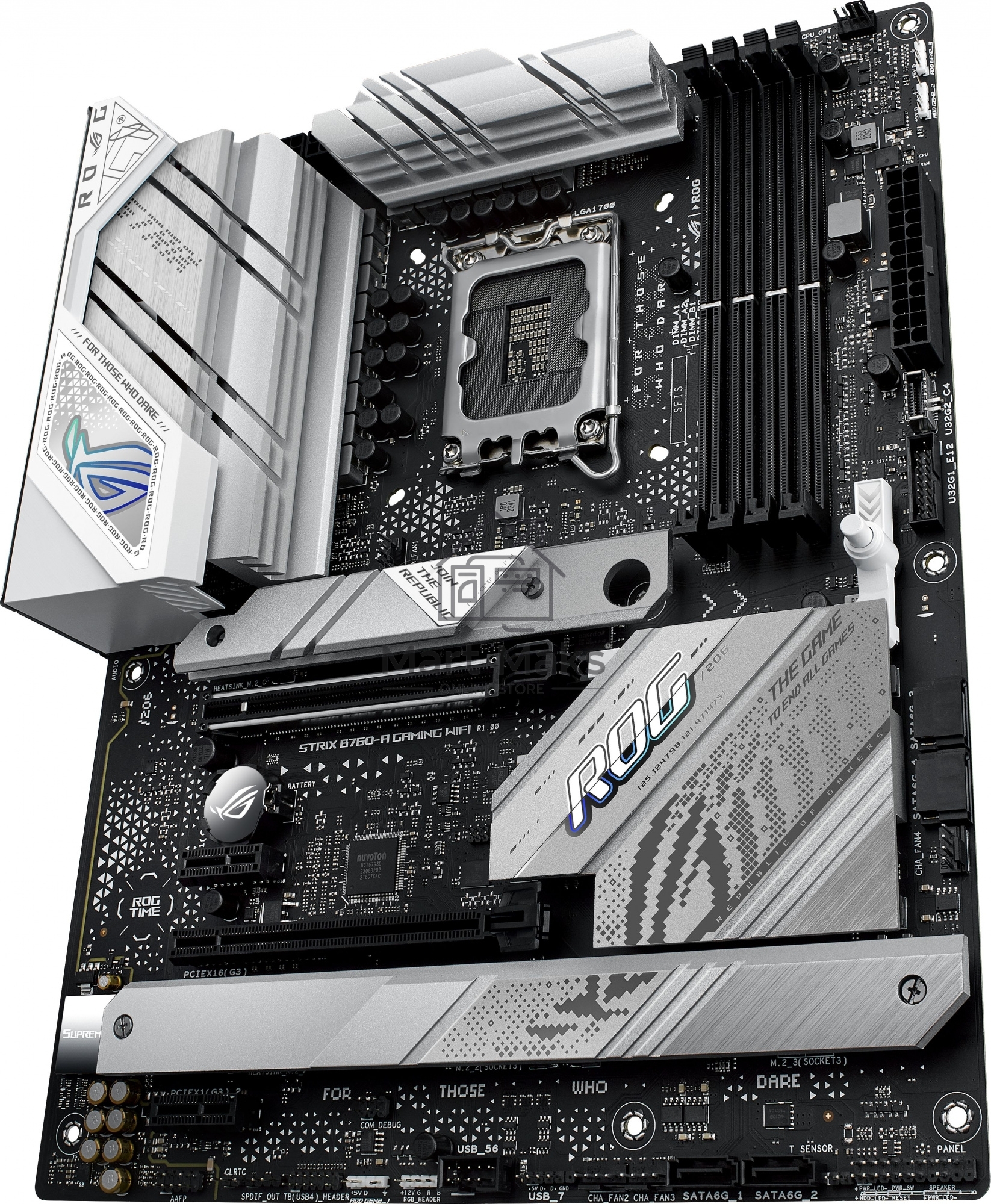 Материнская плата ASUS ROG STRIX B760-A GAMING WIFI, LGA 1700, Intel B760, 4xDDR5, 4xSATA, 3xM.2, 1xPCIe 5.0 x16, 1xPCIe 3.0 x4, 1xHDMI, 1xDP, 1x 2.5Gb LAN, 1xUSB-A 3.2 Gen 2, 2xUSB-A 3.2 Gen 1, 4xUSB 2.0, 5x3.5 мм, 7.1, Standard-ATX
