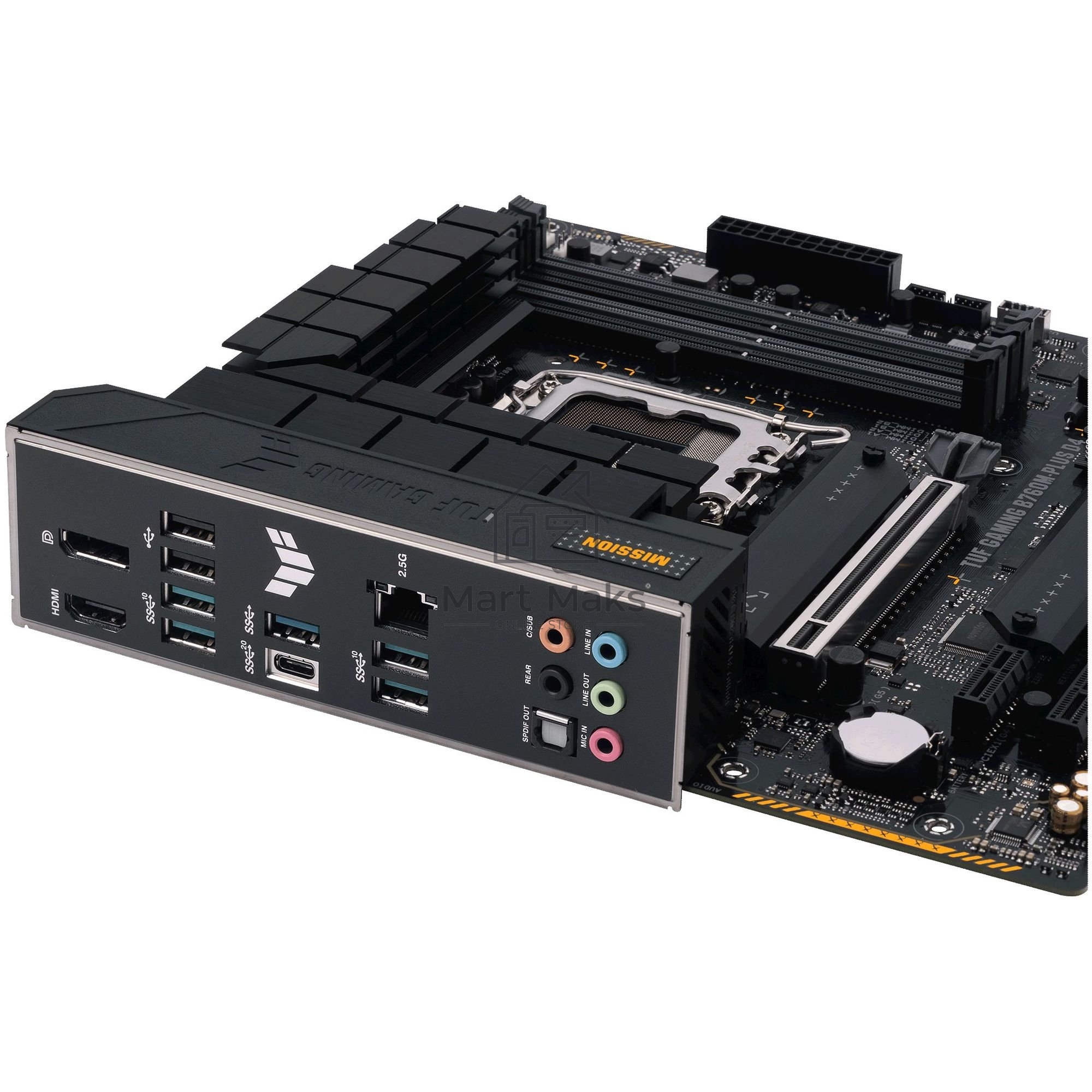 Материнская плата ASUS TUF GAMING B760M-PLUS D4, LGA1700, Intel B760, 4xDDR4, 4xSATA, 2xM.2, 1xPCIe 5.0 x16, 1xPCIe 4.0 x4, 1xPCIe 4.0 x1, 1xDP, 1xHDMI, 1x2.5Gb LAN, Wi-Fi, Bluetooth, 1xUSB-C 20Gbps, 4xUSB-A 10Gbps, 1xUSB-A 5Gbps, 2xUSB-A 2.0, 5x3.5 мм, 7
