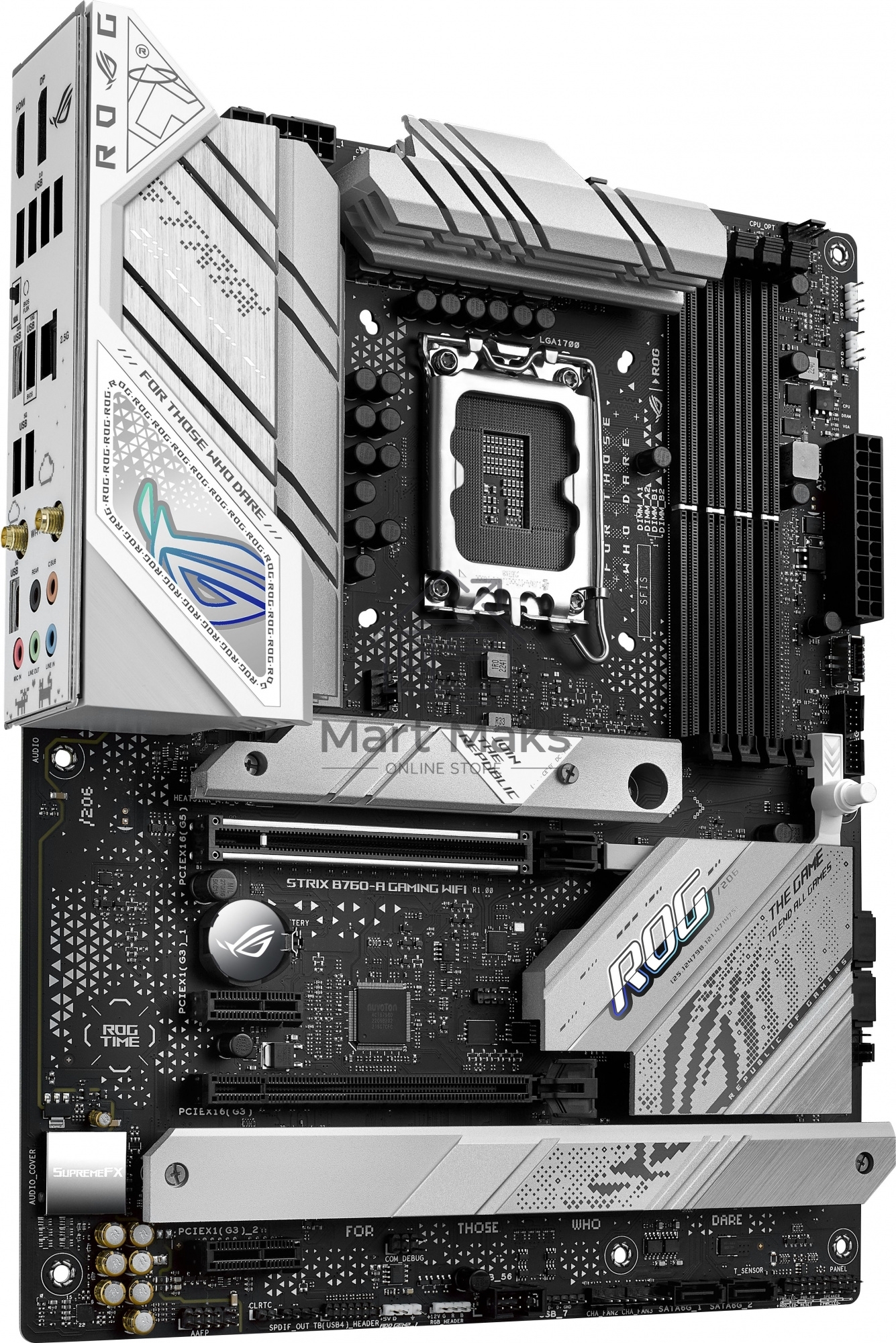 Материнская плата ASUS ROG STRIX B760-A GAMING WIFI, LGA 1700, Intel B760, 4xDDR5, 4xSATA, 3xM.2, 1xPCIe 5.0 x16, 1xPCIe 3.0 x4, 1xHDMI, 1xDP, 1x 2.5Gb LAN, 1xUSB-A 3.2 Gen 2, 2xUSB-A 3.2 Gen 1, 4xUSB 2.0, 5x3.5 мм, 7.1, Standard-ATX