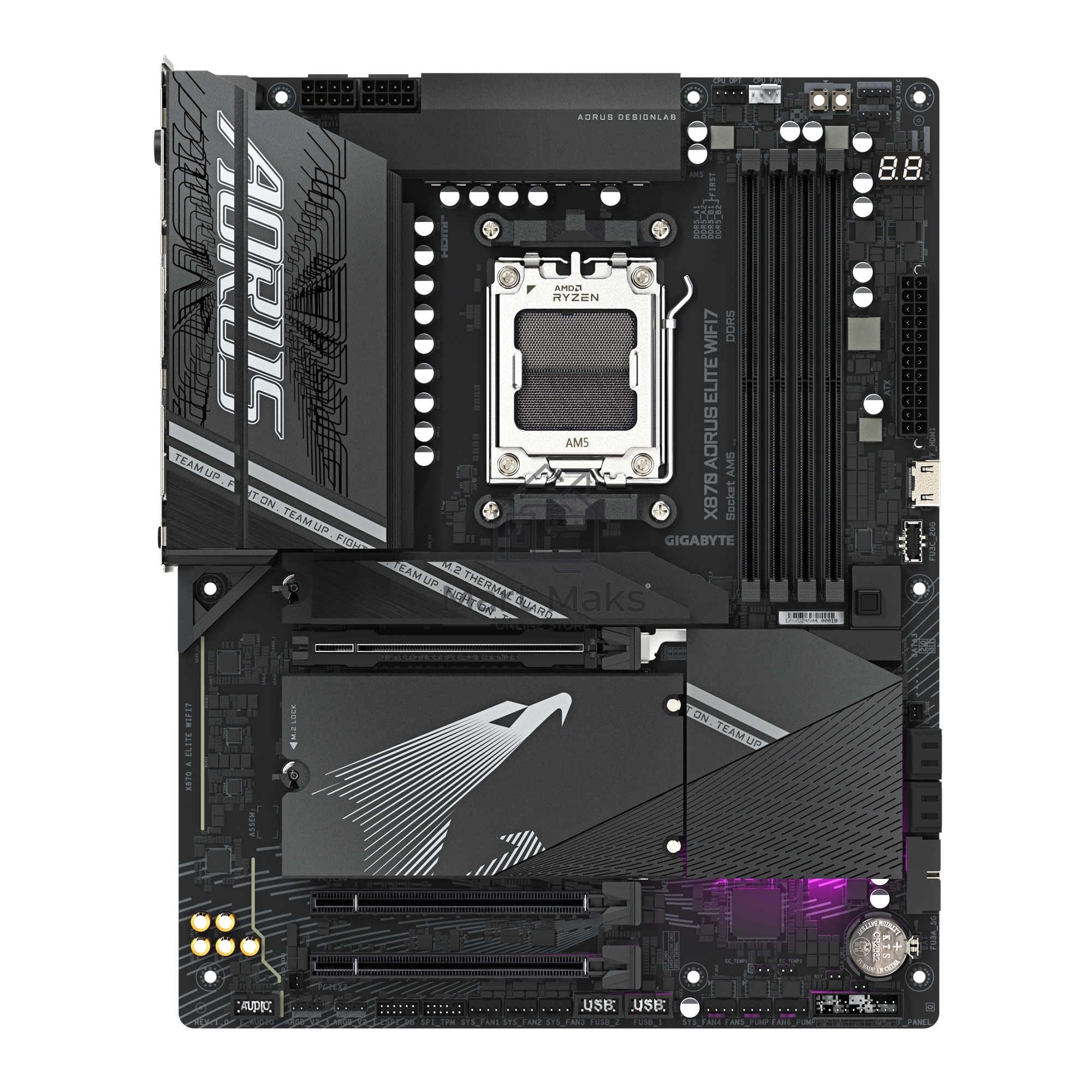 Материнская плата Gigabyte X870 AORUS ELITE WIFI7, AM5, AMD X870, 4xDDR5, 4xSATA, 4xM.2, 1xPCI-E 5.0 x16, 1xPCI-E 4.0 x4, 1xPCI-E 3.0 x2, 1xHDMI, 1x 2.5Gb LAN, 4xUSB-A 3.2 Gen 1, 2xUSB-A 3.2 Gen 2, 4xUSB-A 2.0, 2xUSB-C 4.0, 2x3.5 мм, 7.1, ATX