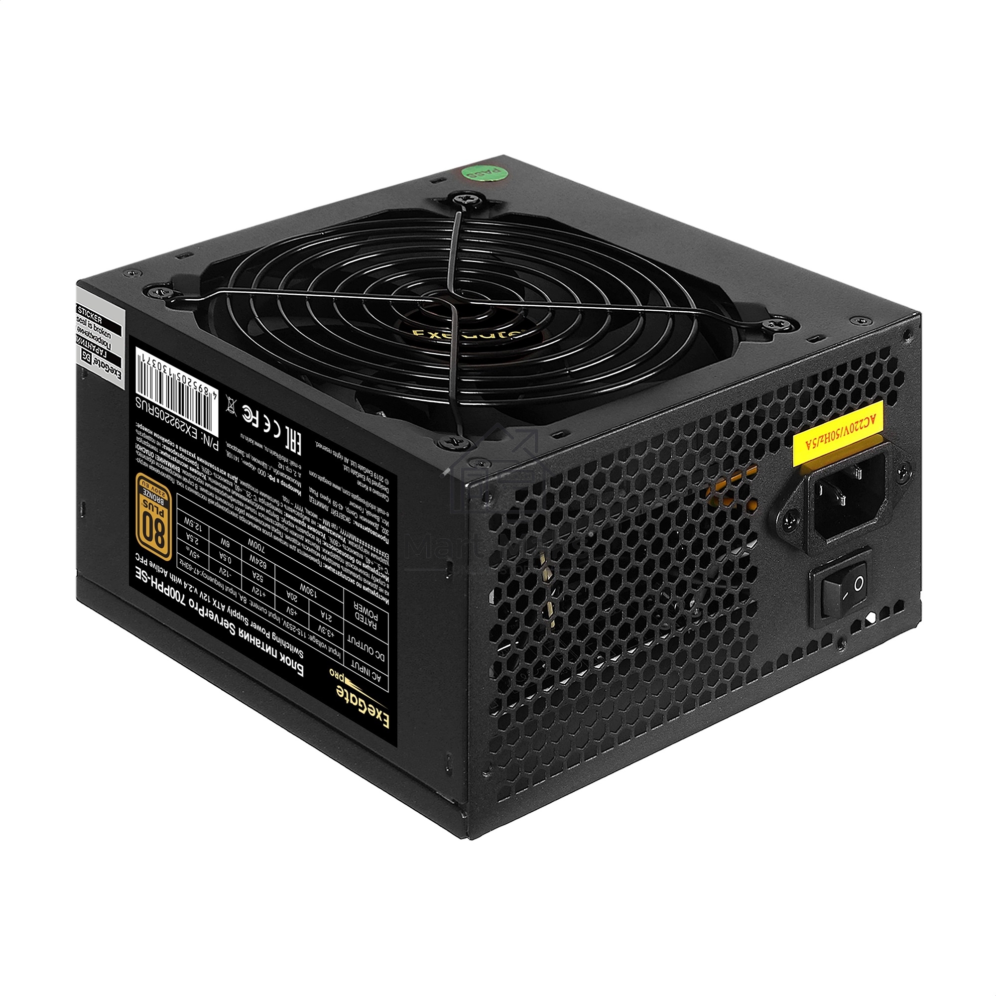 Серверный блок питания700W ExeGate EX292205RUS ServerPRO 80 PLUS Bronze, 700PPH-SE (ATX, for 3U+ cases, APFC, КПД 89% (80 PLUS Bronze), 12cm fan, 24pin, 2x(4+4)p, 4xPCI-E, 6xSATA, 3xIDE, box, black)