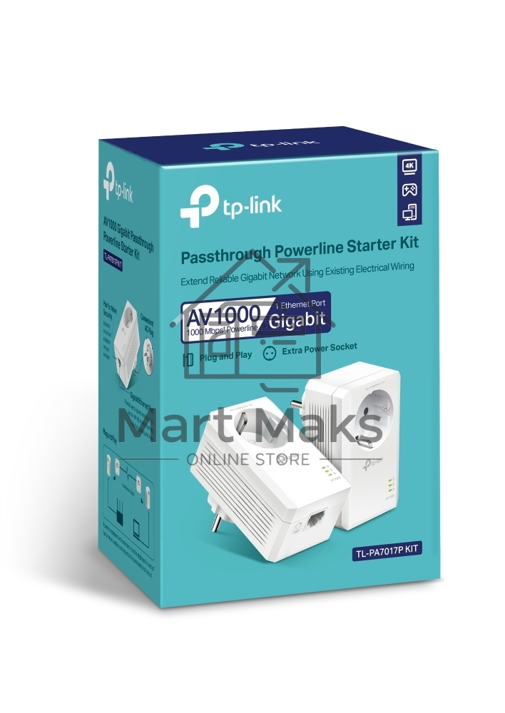 Сетевой адаптер TP-Link AV1000 Gigabit Passthrough Powerline Starter KitSPEED: 1000 Mbps PowerlineSPEC: Broadcom CPU, HomePlug AV2, 1+1 Gigabit PortFEATURE: Plug and Play, tpPLC Utility, Pair for More Security, Extra Power SocketKIT: 2× TL-PA7017P