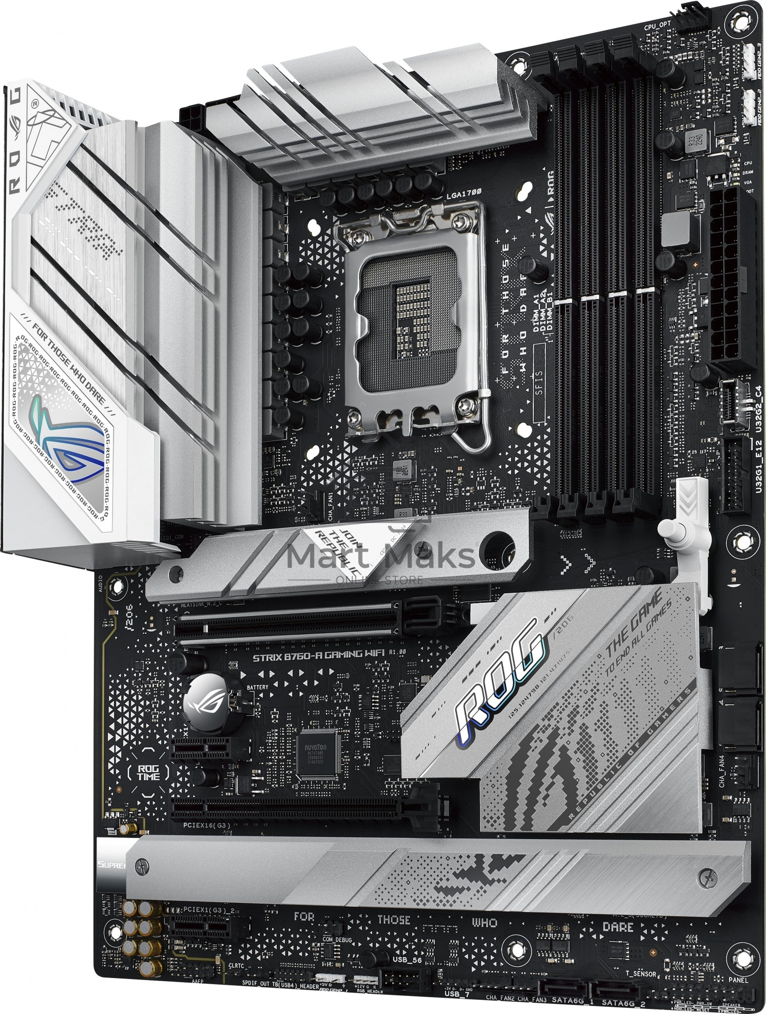 Материнская плата ASUS ROG STRIX B760-A GAMING WIFI, LGA 1700, Intel B760, 4xDDR5, 4xSATA, 3xM.2, 1xPCIe 5.0 x16, 1xPCIe 3.0 x4, 1xHDMI, 1xDP, 1x 2.5Gb LAN, 1xUSB-A 3.2 Gen 2, 2xUSB-A 3.2 Gen 1, 4xUSB 2.0, 5x3.5 мм, 7.1, Standard-ATX