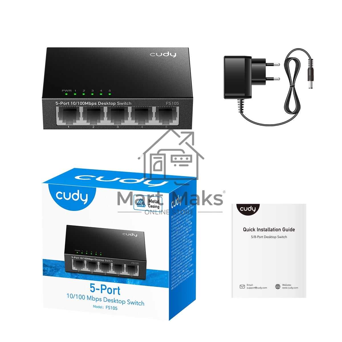 Коммутатор CUDY FS105 5-Port 10/100 Mbps Desktop Switch, 5 10/100M RJ45 Ports, Loop Detection, Metal Case, Power Saving, Plug & Play