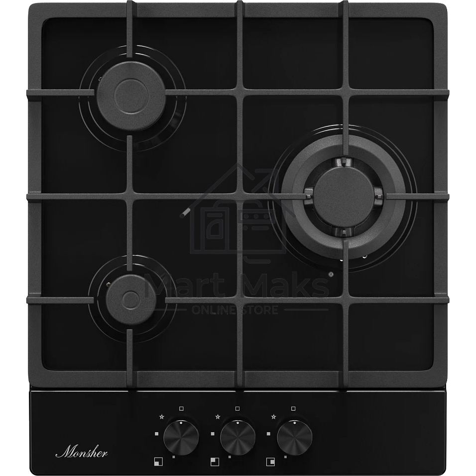 Газовая варочная панель MONSHER, газ, High-Tech, 44 см, автоматический электроподжиг, газ-контроль, форсунки под сжиженый газ, SABAF конфорки, чугунные решетки, черный