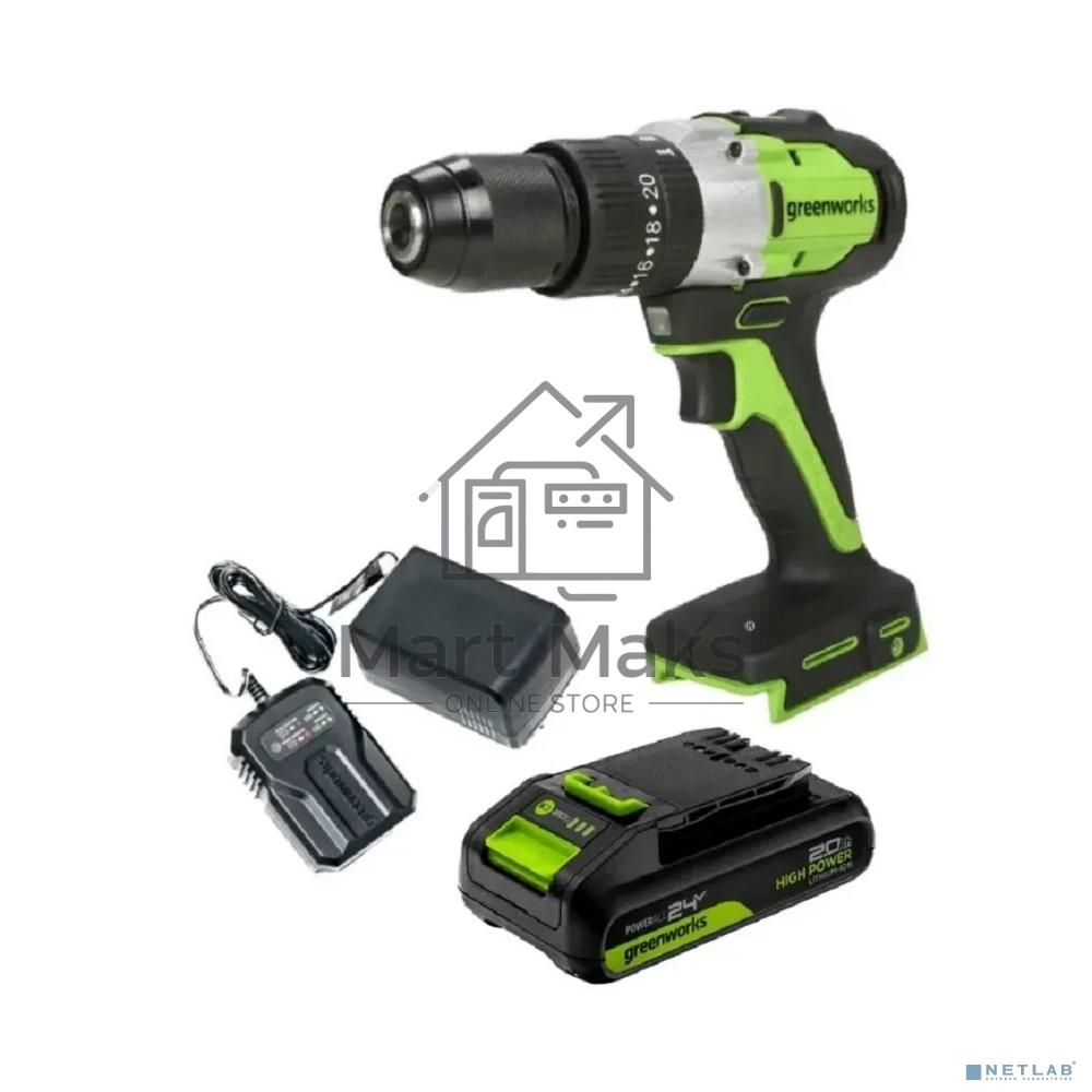 Дрель-шуруповерт GREENWORKS GD24DD60, Аккумуляторная, 24В, без АКБ и ЗУ, Ударная