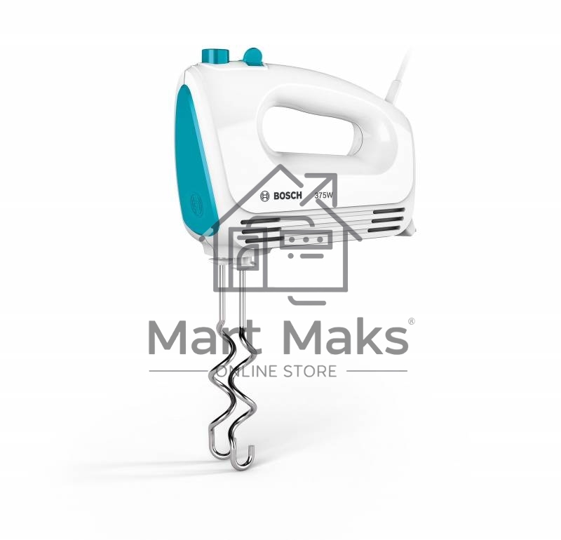 Миксер Bosch MFQ2210D, 375 Вт, белый/ голубой, 4 скорости+ импульс.режим, 2 крюка+ 2 венчика