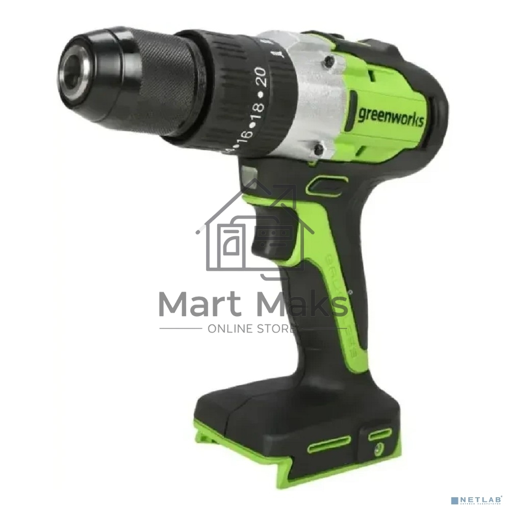 Дрель-шуруповерт GREENWORKS GD24DD60, Аккумуляторная, 24В, без АКБ и ЗУ, Ударная