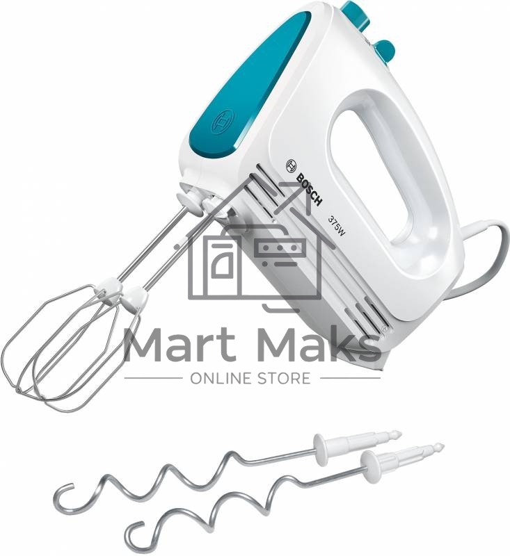 Миксер Bosch MFQ2210D, 375 Вт, белый/ голубой, 4 скорости+ импульс.режим, 2 крюка+ 2 венчика