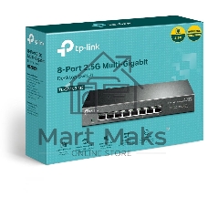 Коммутатор TP-Link 8-port Desktop 2.5G Unmanaged switch, 8 100/1G/2.5G RJ-45 ports, Fanless design, 12V/1.5A DC power supply.