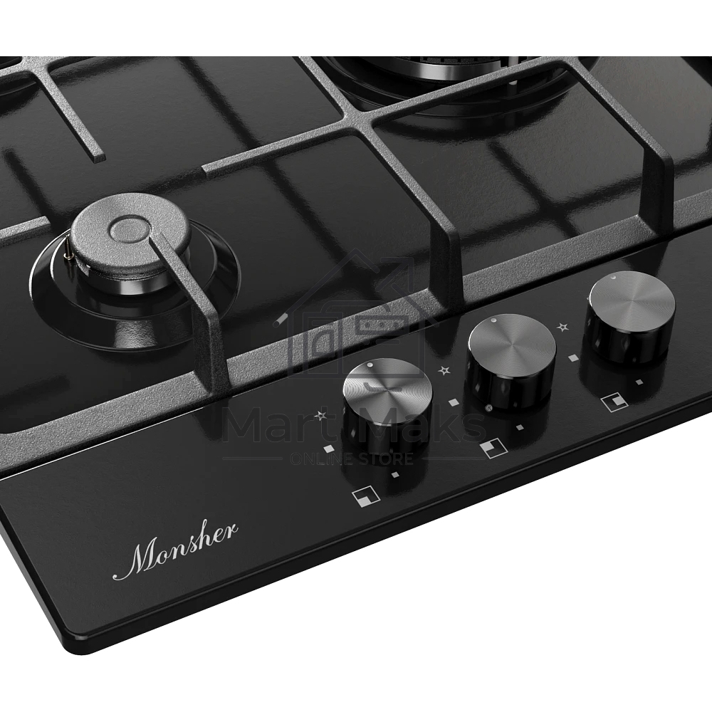 Газовая варочная панель MONSHER, газ, High-Tech, 44 см, автоматический электроподжиг, газ-контроль, форсунки под сжиженый газ, SABAF конфорки, чугунные решетки, черный