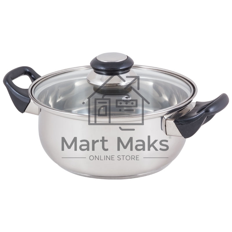 Кастрюля Mallony из нерж стали с крышкой (стекло) BAK-02, 2 л, ручки - бакелит, без ТМ