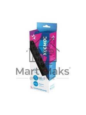 Удлинитель с сетевым фильтром 5х5м с заземл. 10А IP20 2.2кВт 3х0.75 индикатор сети черный Космос FKsm5m-5g(B)