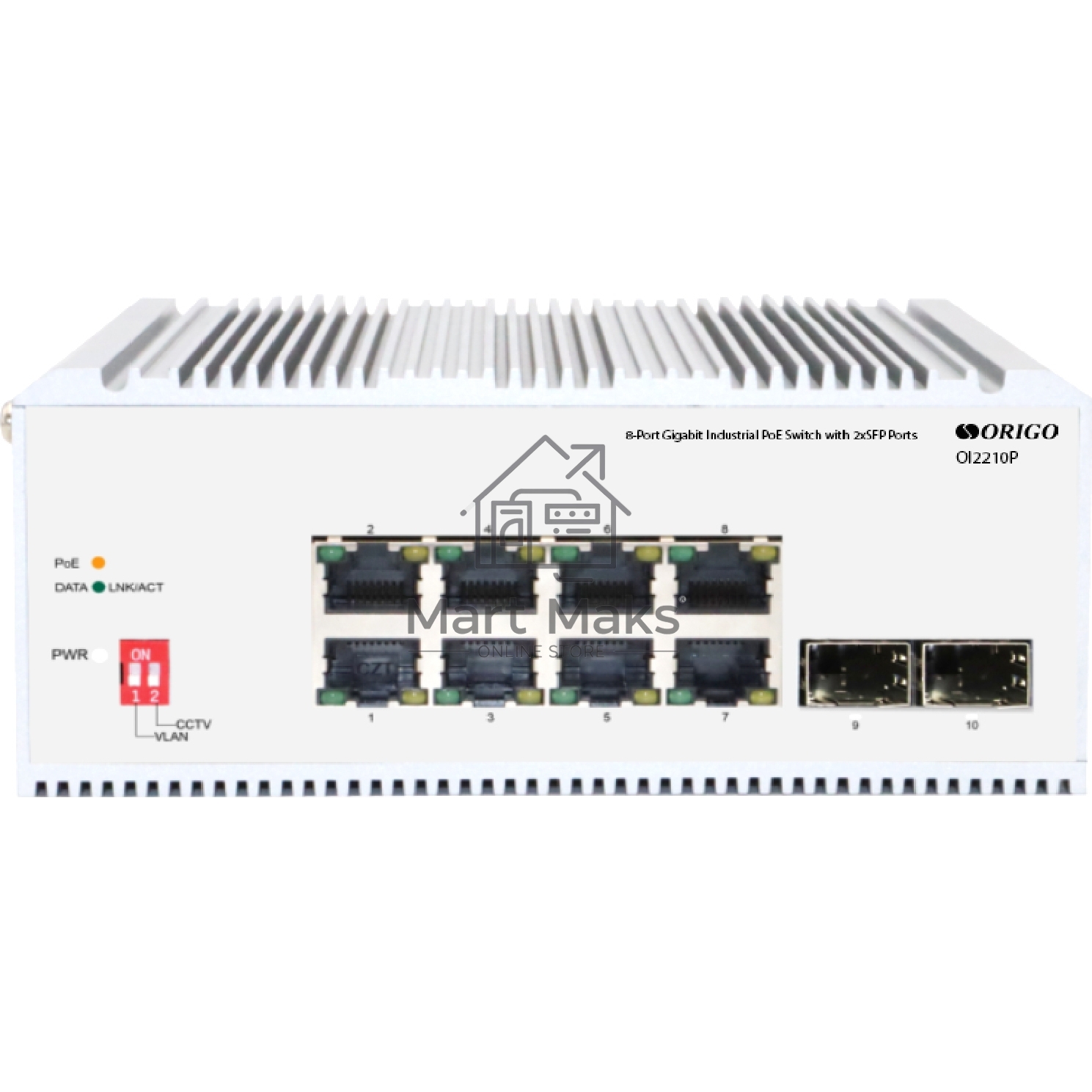 Коммутатор Unmanaged Industrial Switch 8x1000Base-T PoE, 2x1000Base-X SFP, PoE Budget 185W, Surge 4KV, -40 to 75°C