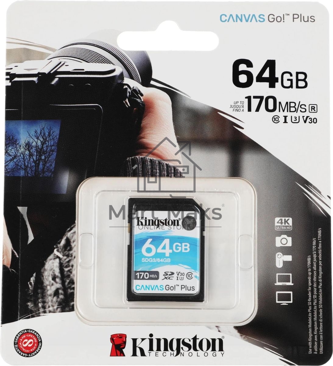 Флеш карта Kingston 64GB SDXC Canvas Go Plus 170R C10 UHS-I U3 V30 EAN: 740617301397