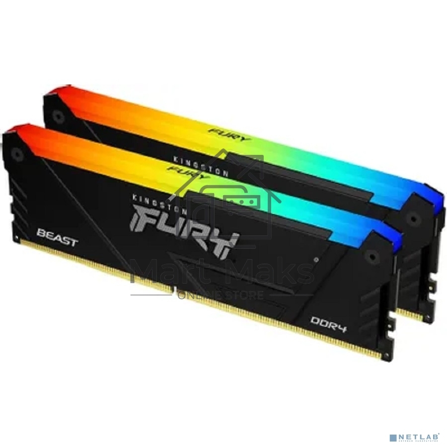 Оперативная память Kingston Fury Beast, DDR4, 32GB (2x16GB), 3200MHz, CL16, DIMM, с радиатором, RGB, черный