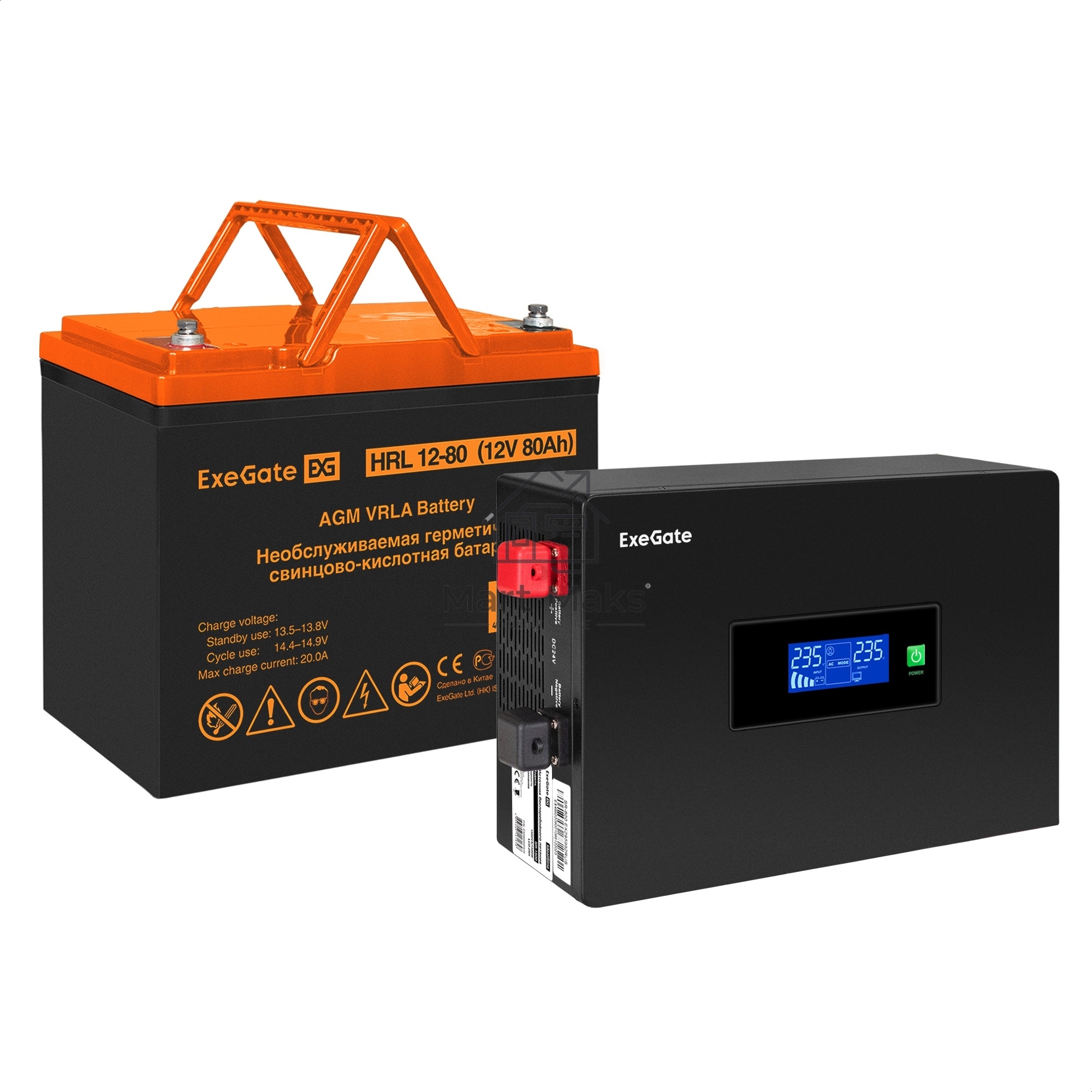 Комплект источника бесперебойного питания Exegate EX295992RUS + батарея 80Aч EX285654RUS 1шт (инвертор, синус, для котла, PF=1, настенный) ExeGate IdealSine SR-600.LCD.2SH <600VA/600W, чистая синусоида, цветной LCD-дисплей, 2*Schuko, крепление настенное, 