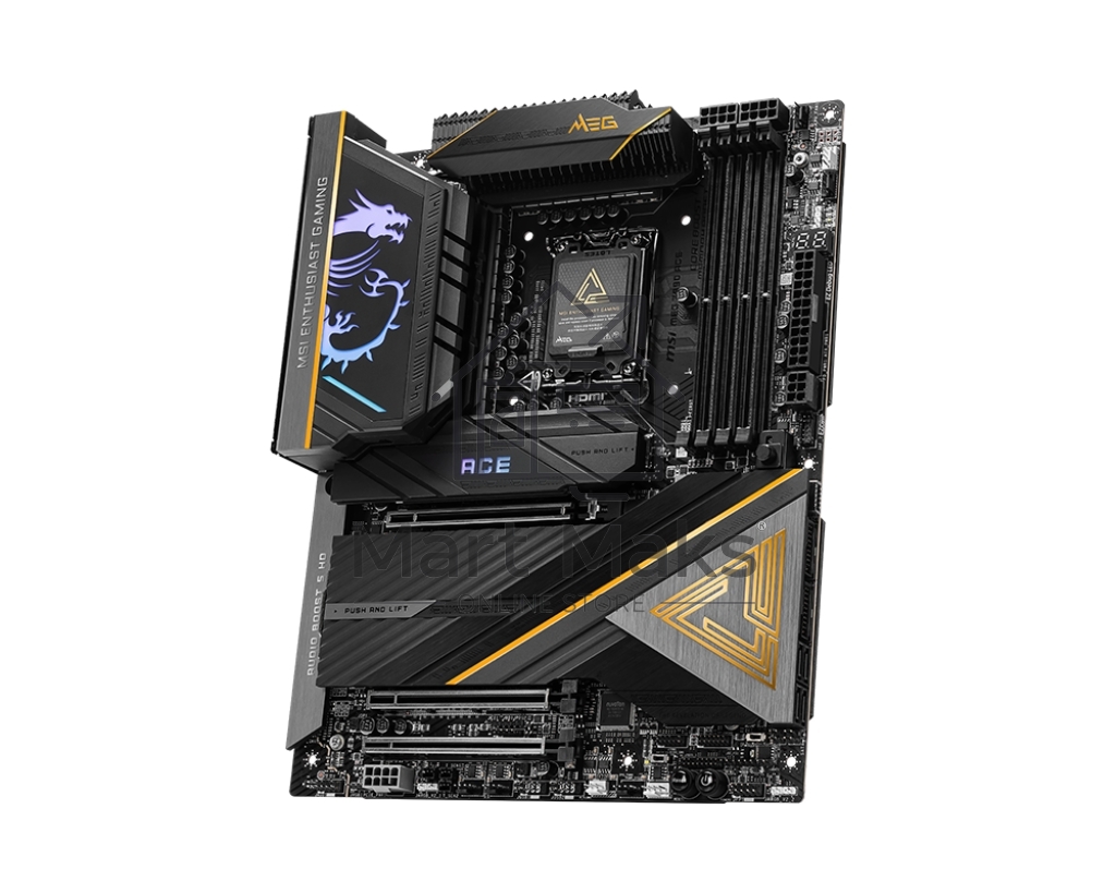 Материнская плата MSI MEG Z890 ACE, LGA 1851, Intel Z890, 4xDDR5, 4xSATA, 5xM.2, 1xPCIe 5.0 x16, 1xPCIe 5.0 x8, 1xPCIe 4.0 x4, 1xHDMI, 1x 10Gb LAN, 11xUSB-A 3.2 Gen 2, 2xUSB-C 3.2 Gen 2, 2xThunderbolt 4, 2x3.5 мм, 7.1, ATX