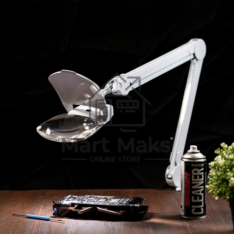 Лупа на струбцине Rexant, квадратная 3D+20D, с подсветкой 6 LED, серия EXPERT, белая 31-0565